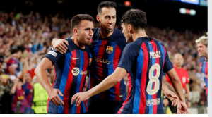 Barca players celebrating goal